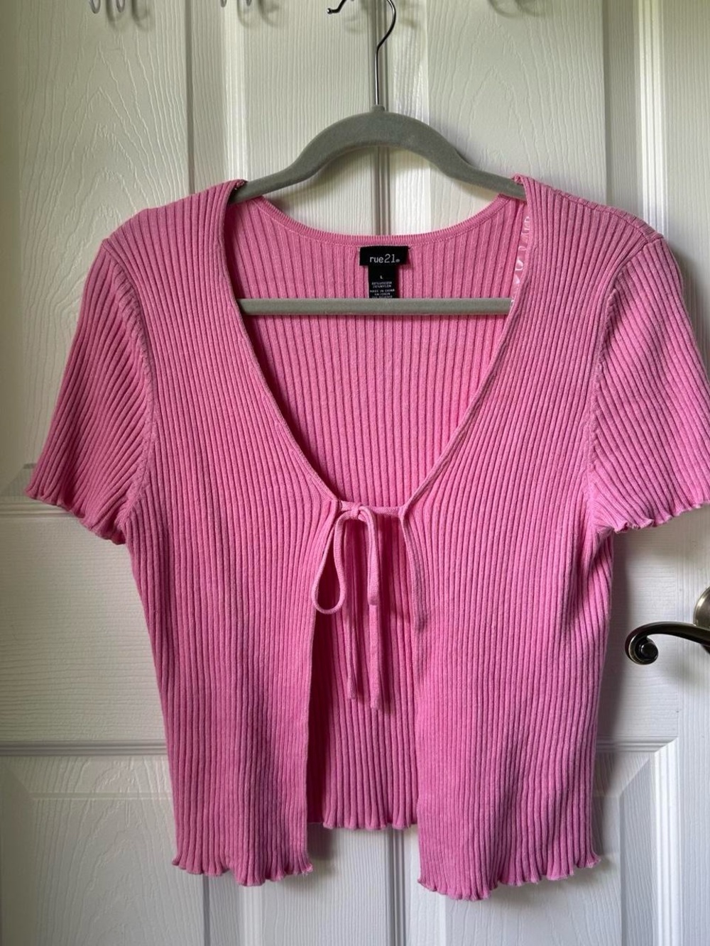Rue21 Pink Ribbed Tie-Front Short Sleeve Cardigan
